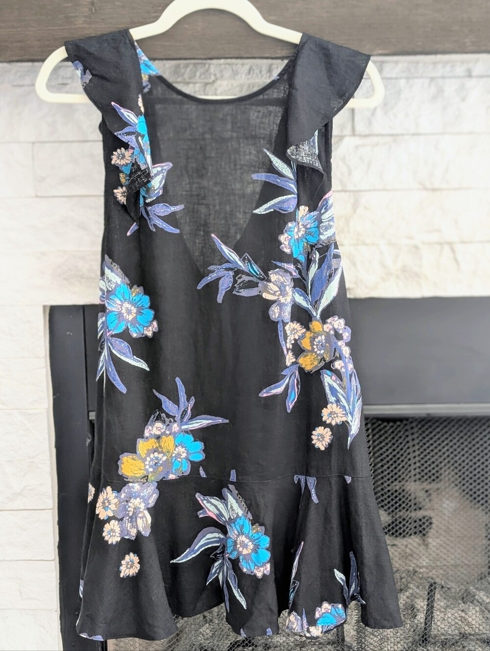 Free People Linen Blend Black Floral Ruffle Hem Dress with Blue Accents